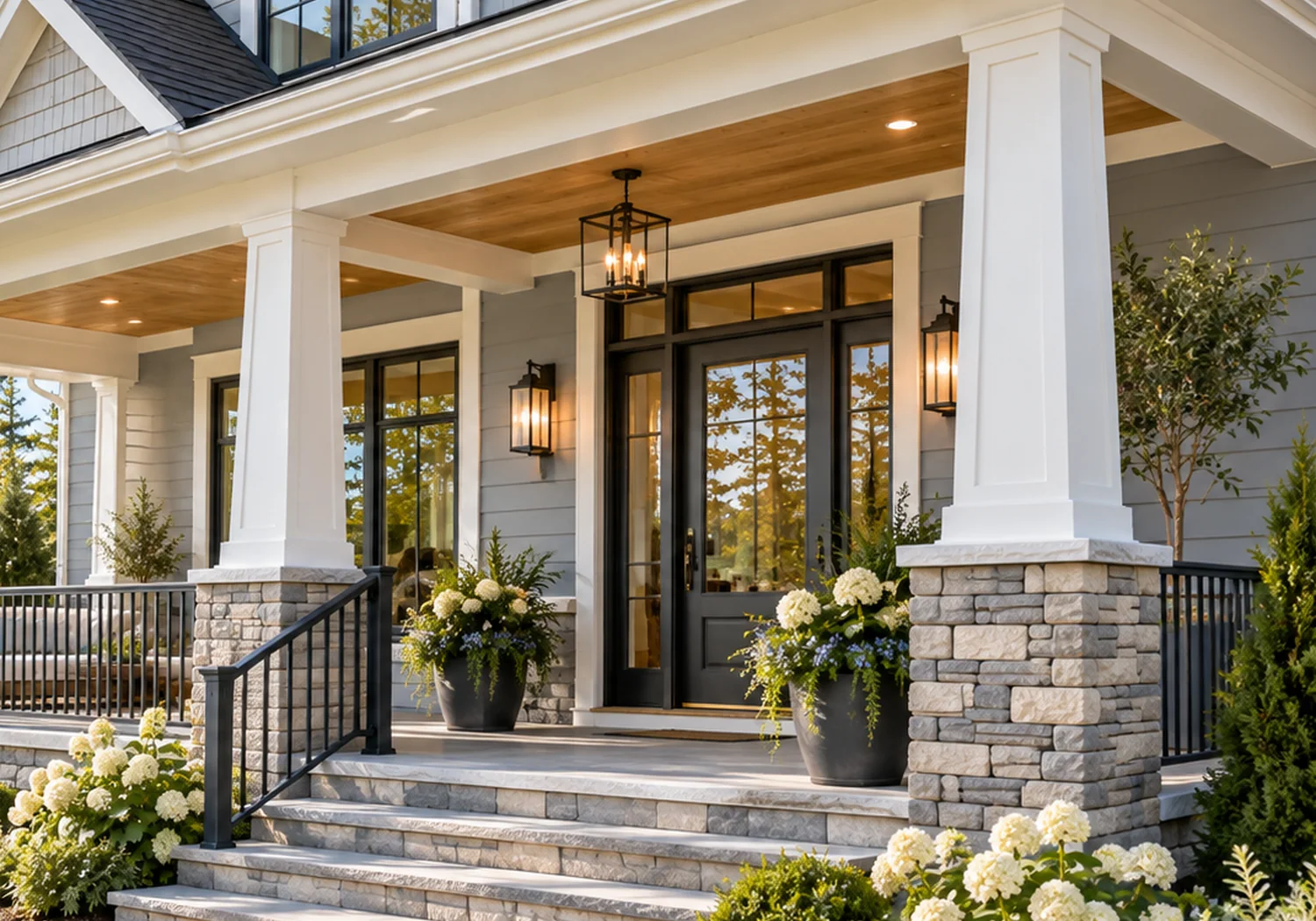 Elegant residential front porch with gray siding and stone details