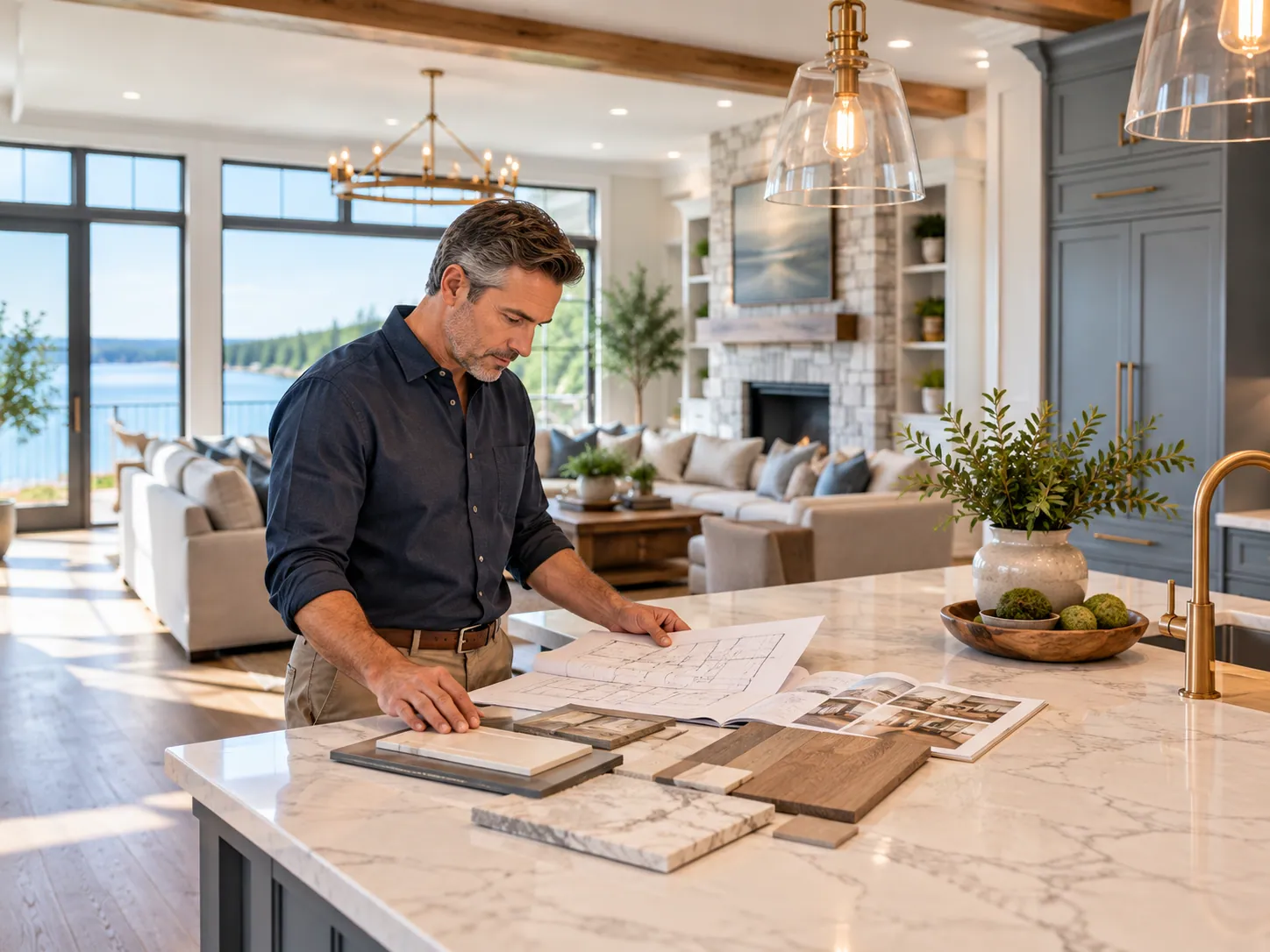 Gray kitchen cabinets and stone countertops in a completed remodel